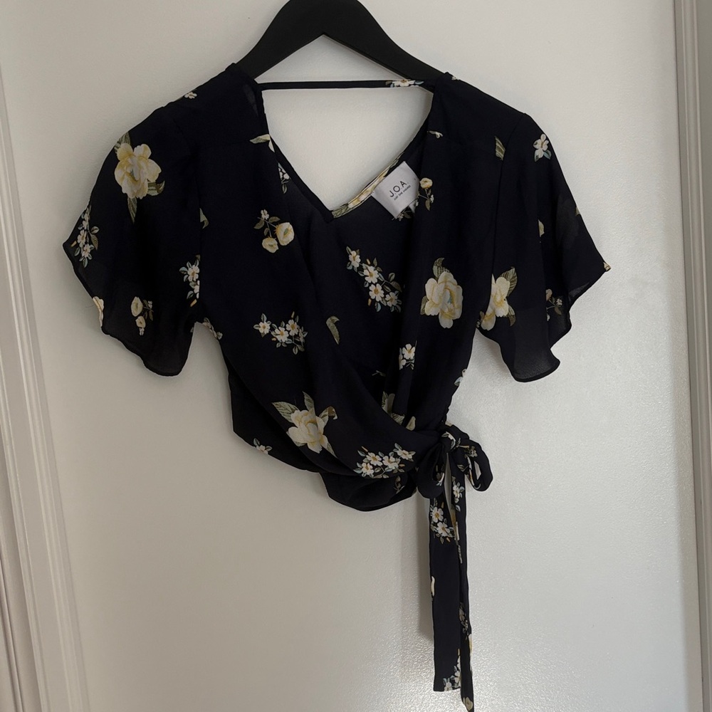 J.O.A. Black Floral Wrap Blouse